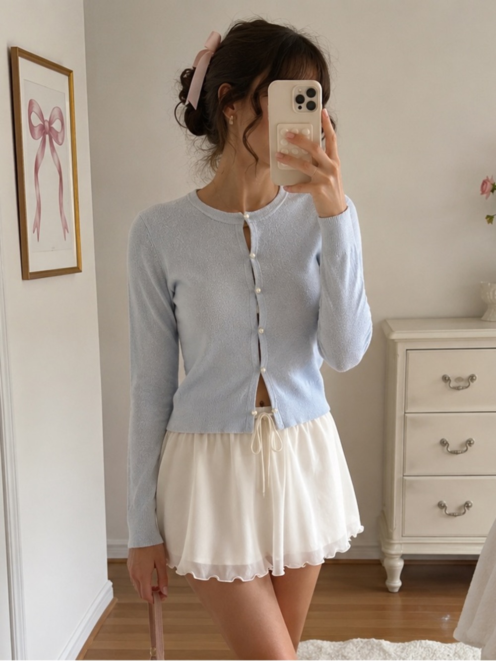 Zara Light Blue Pearl Button Cropped Cardigan Sweater Size L Coquette Balletcore